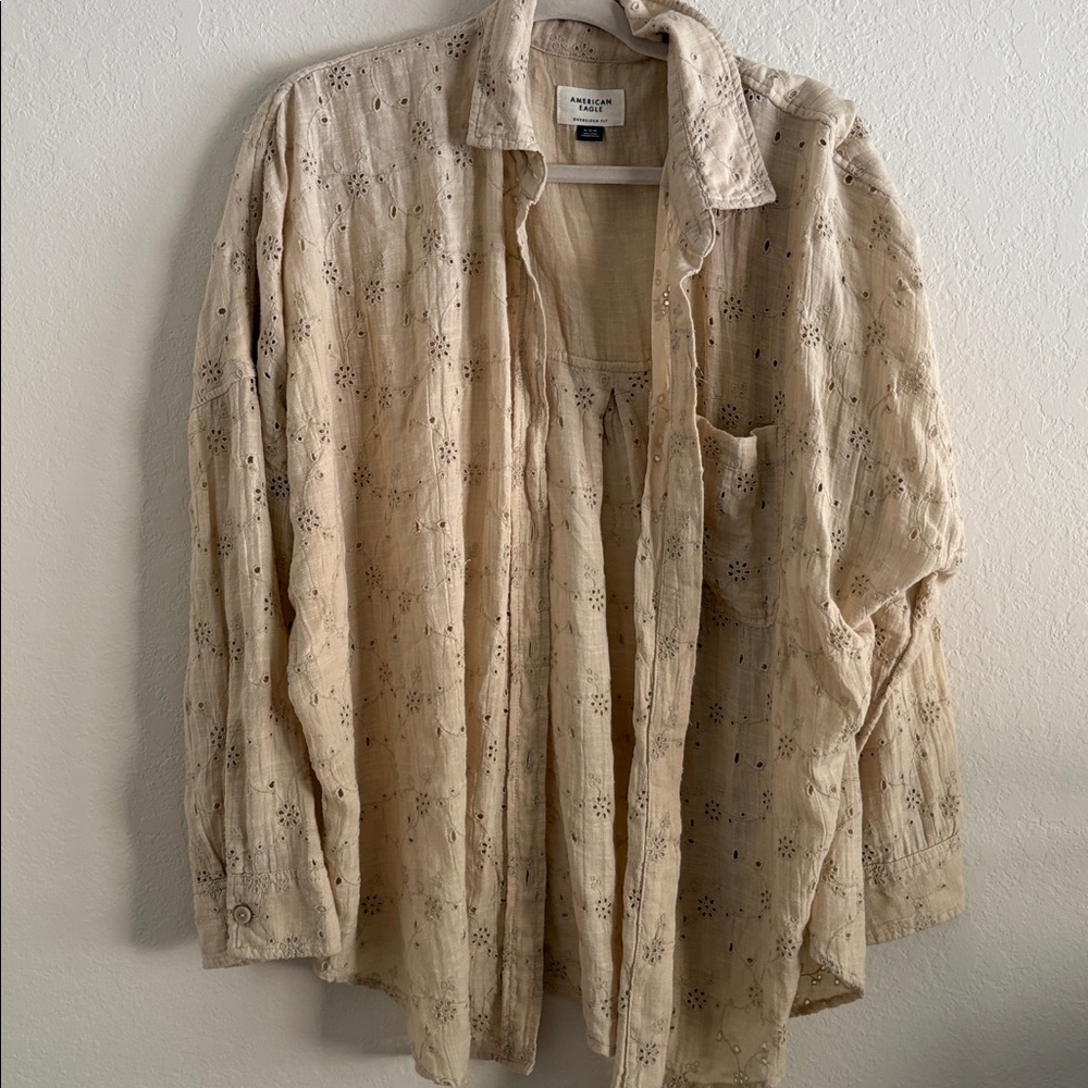 American Eagle Outfitters Tan Oversized eyelet button down